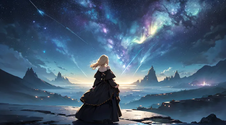 ​masterpiece、Background with((Fantastic starry sky、meteors、black hole))、Depth((Luminous Planets))、Looking up 、a beauty girl、White dress、Rear view、Blonde Long、heavy wind、Fantastic stars around them