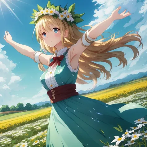 Woman in blue dress standing in a flower field, official anime artwork, goddess of spring, goddess of summer, Beautiful maiden, goddess of summer, official artwork, Rin, anime goddess, epic light novel art cover, Beautiful sunflower anime girl, Official ar...