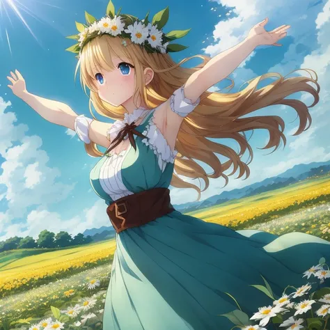 Woman in blue dress standing in a flower field, official anime artwork, goddess of spring, goddess of summer, Beautiful maiden, goddess of summer, official artwork, Rin, anime goddess, epic light novel art cover, Beautiful sunflower anime girl, Official ar...