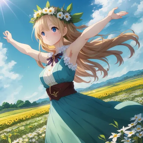 Woman in blue dress standing in a flower field, official anime artwork, goddess of spring, goddess of summer, Beautiful maiden, goddess of summer, official artwork, Rin, anime goddess, epic light novel art cover, Beautiful sunflower anime girl, Official ar...