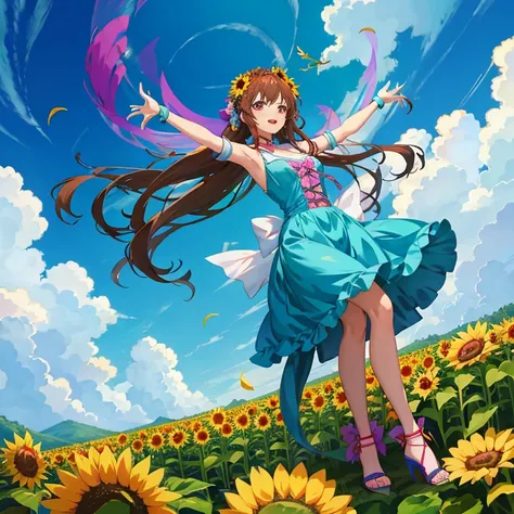 Anime girl in a flower garden with open arms, girl dancing in a flower field, Beautiful sunflower anime girl, Beautiful anime, anime style 4 k, beautiful anime artwork, Anime! 4K, Anime! 4 k, official anime artwork, official artwork, high definition anime ...