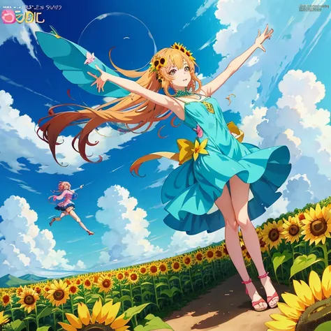 Anime girl in a flower garden with open arms, girl dancing in a flower field, Beautiful sunflower anime girl, Beautiful anime, anime style 4 k, beautiful anime artwork, Anime! 4K, Anime! 4 k, official anime artwork, official artwork, high definition anime ...