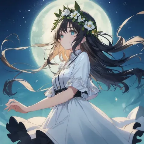 Anime girl with long hair and flower crown in front of the full moon, anime moe art style, ethereal anime, hestia, loli in dress, guweiz, nightcore, the glow of the moonlight, Anime art wallpaper 8k, Cute anime waifu in a nice dress, Anime visuals of cute ...