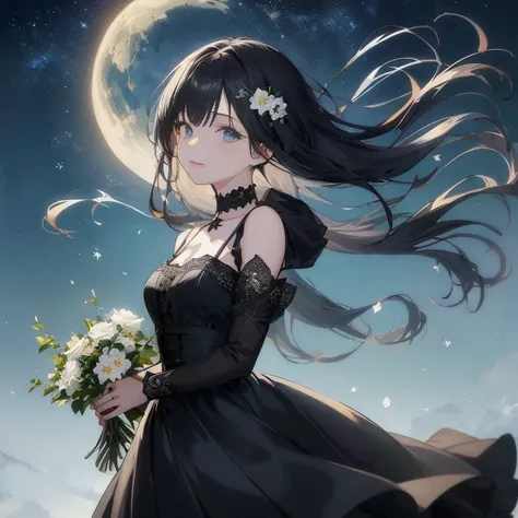 Anime girl with long hair and flowers in her hand, anime girl wearing a black dress, nightcore, guweiz, guweiz on pixiv artstation, loli in dress, Cute anime waifu in a nice dress, guweiz on artstation pixiv, artwork in the style of guweiz, Anime art wallp...