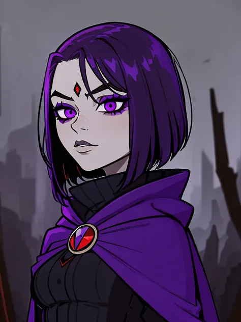 Raven, teen titans, hooded, goth girl, autumn forest background, detailed, detailed, detailed, beautiful, detail, goth girl, masterpiece, purple clothes, red jewel centre head, dark night background, gothic, goth, goth, detailed, goth girl, piercings, deta...