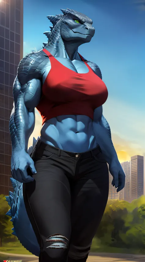 Cinematic frame shot, solo ((godzilla)) with ((green eyes, clear green eyes)), ((full-length portrait)), (((((Wearing a short red top and black short jeans)))), (((detailed Chunie anthro godzilla))), (Walking in a modern city, buildings in the background, ...