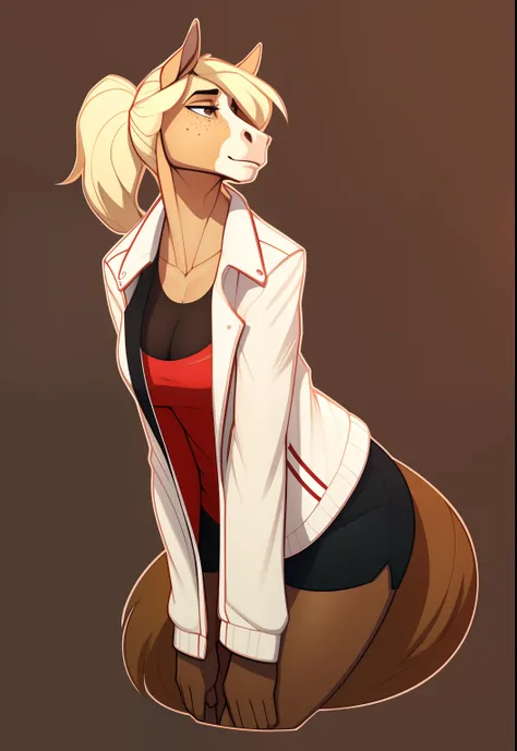 Tall_lanky_horse large_breasts female blonde_hair brown_furry_body freckles exhausted brown_eyes short_ponytail short_tail solo Masterpiece best_quality absurdres highly_detailed jacket undershirt gym_shorts horse_snout cleanly_drawn_eyes anthro_only by_cl...