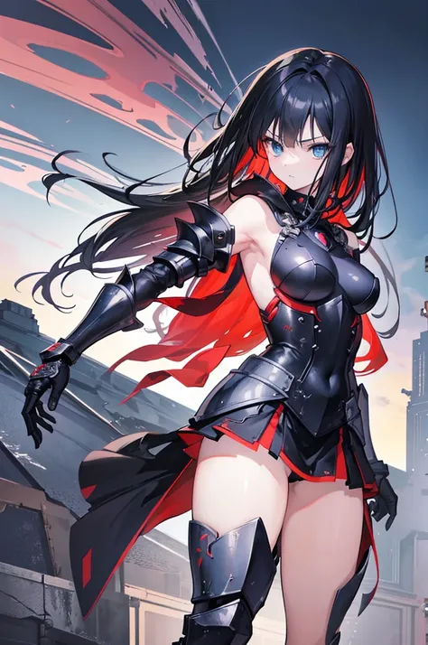 full-body view, (masutepiece, Best Quality), (Dramatic), gritty, Formidable, Anime Character, dynamic fighting pose, 1girl only, Black hair, (Hairstyle: shackled), (80% Wearing futuristic armor), Armored gauntlets, At 50% Miniskirt, High heel knee high boo...