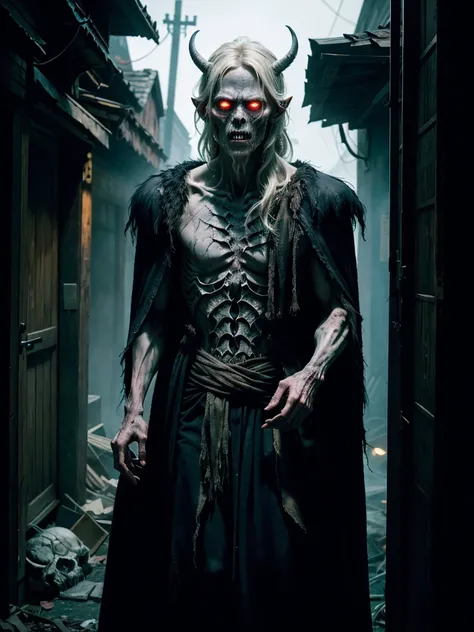 In a dimly lit alley, a hauntingly alluring figure emerges - a fabled mauve-tinted draugr, once a human, now an undead creature of Norse mythology. This neo-noir cinematic photograph captures the enigmatic subject, frozen in time. Through impeccable compos...