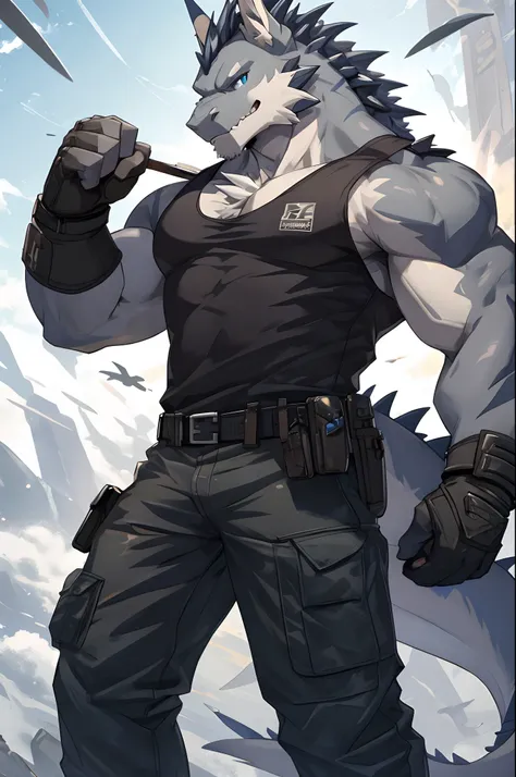 Masterpiece, Cool Pose, Furry Gray Dragon, Medium Strong Body, Blue Eyes, Grey Medium Hair, Combat Tank Top, Combat Gloves, Combat Pants, Fierce, Good looking