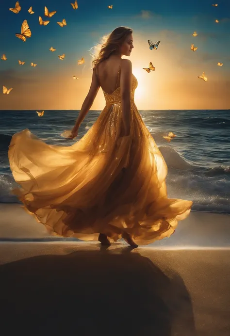 A picture depicts a woman in a golden dress dancing elegantly on the beach。There are glowing blue butterflies in the background，Light painting effect，The background is a sea of numbers，The womans feet seem to have gorgeous water walking effects in the styl...