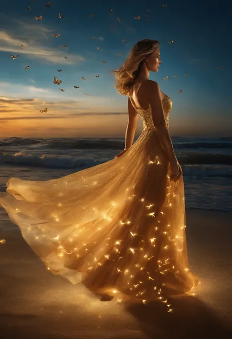 A picture depicts a woman in a golden dress dancing elegantly on the beach。There are glowing blue butterflies in the background，Light painting effect，The background is a sea of numbers，The womans feet seem to have gorgeous water walking effects in the styl...