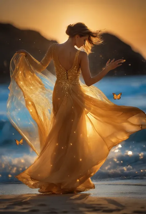 A picture depicts a woman in a golden dress dancing elegantly on the beach。There are glowing blue butterflies in the background，Light painting effect，The background is a sea of numbers，The womans feet seem to have gorgeous water walking effects in the styl...