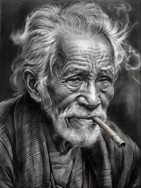 (best quality,a high resolution),sketch art，a old man，smoking pipe，tobacco bags，detailed lines,gentle expression,wrinkles,gray h...