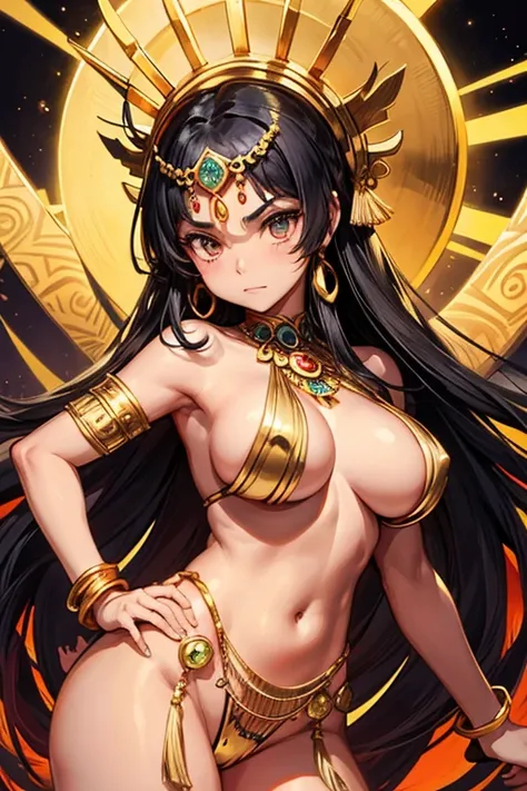 Aztec mythology、femele、She wears golden ornaments all over her body、Naked except for accessories、In front of Tihuatiocan、Tezcatlipoca、large full breasts、Constricted hips