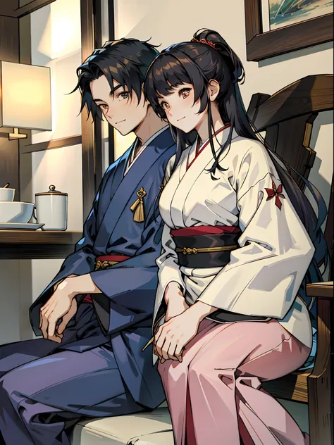 master piece,best quality,young japan man and young japan woman sitting side by side,happy expression on face,lovers,detailed at...