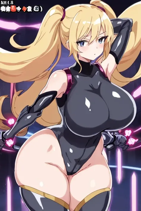 1girl, futuristic, hip sway, large breasts, swaying hips, thick thighs, blonde hair, wide hips, bouncing breasts, hands behind head, arms behind back, anime style, 2d, anime screencap