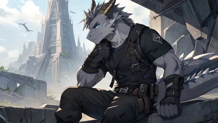 Masterpiece, Solo, Cool Pose, Furry Gray Dragon, Medium Strong Body, Blue Eyes, Grey Medium Hair, Combat Black Shirt, Combat Gloves, Combat Pants, Fierce, Good looking, Sitting.