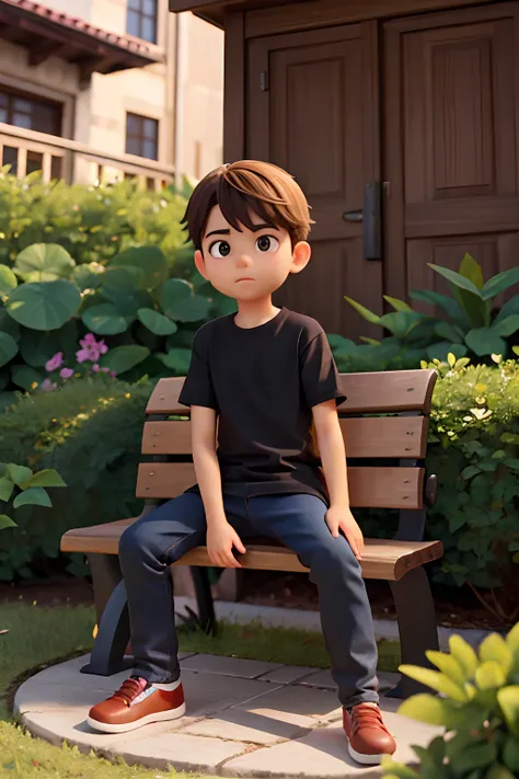 A imagem mostra um menino sentado em um banco de madeira, which is located near a fence. The boy is wearing a black shirt and appears to be looking at the camera. The bench is positioned in the middle of the scene, com a cerca estendendo-se para os lados e...