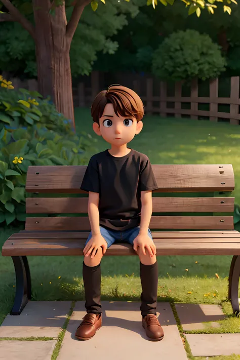 A imagem mostra um menino sentado em um banco de madeira, which is located near a fence. The boy is wearing a black shirt and appears to be looking at the camera. The bench is positioned in the middle of the scene, com a cerca estendendo-se para os lados e...