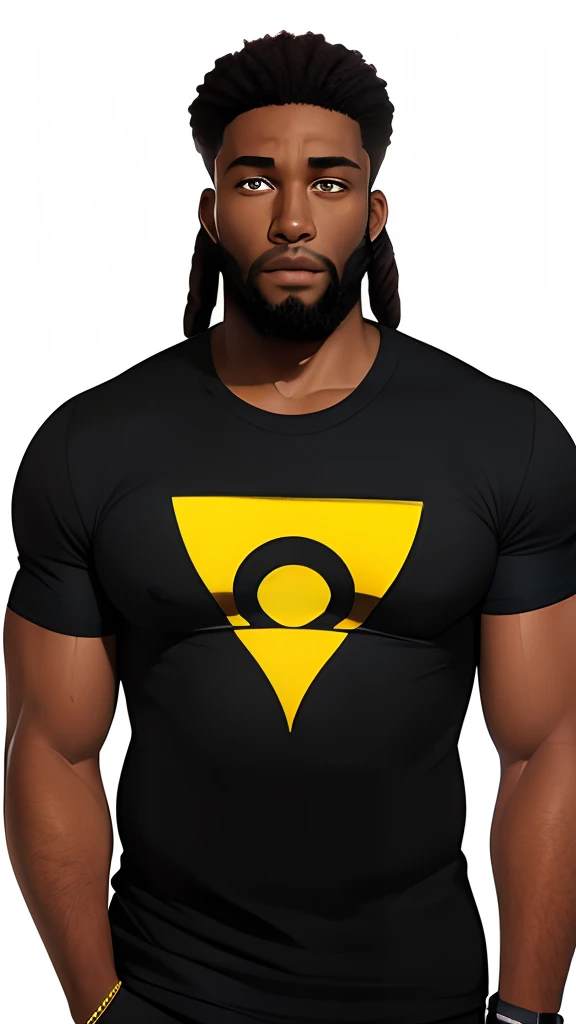 young African man that looks like Wesley Snipes. face only. portrait. big full beard. extremely dark black skin. wide nose bridge. big nostrils. wide nose. yellow eyes. all black dreadlocks. plain t-shirt