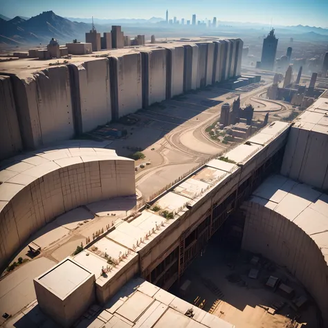 A gossip-shaped city surrounded by high walls，Wasteland construction，Top view looking down from the sky