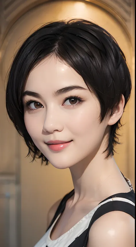 96
(a 20 yo woman,is standing), (A hyper-realistic), (high-level image quality), ((short-hair:1.46)), (Smooth black hair), (Gentle smile), (Keep your mouth shut)