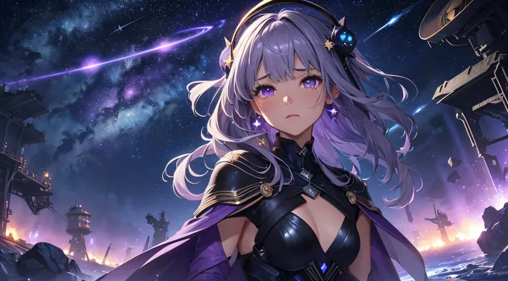 ​masterpiece、Background with((Fantastic starry sky、meteors、black hole))、Depth((Planets that glow purple))、a beauty girl、One-piece high-detail embroidery、Silver-haired long、heavy wind、is crying