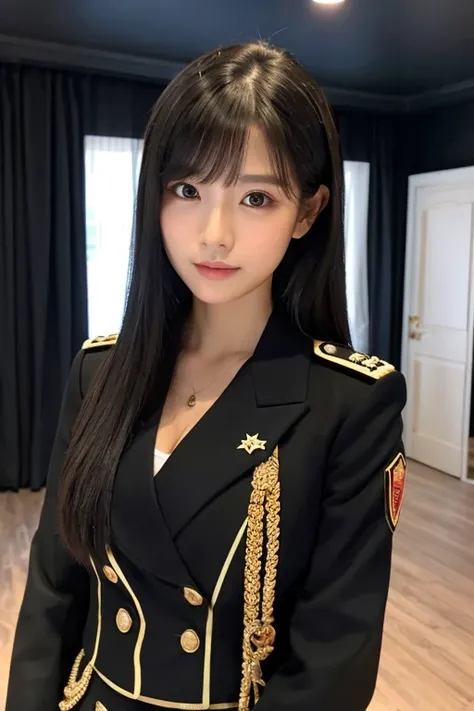 (Top resolution、distinct_image) best qualtiy、femele、beutiful breast、逼真、Photoquality、Black long hair、A dark-haired、bangss、17 age、Black military uniform、Military Academy、Black miniskirt、Background inside the house、Open chest of outerwear 1:7、Beautiful cleava...