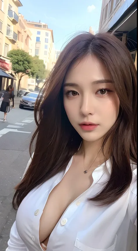 ((Best quality, 8k, Masterpiece :1.3)), Sharp focus :1.2, A pretty woman with perfect figure :1.4, Slender abs :1.2, ((Dark brown hair, Big breasts :1.2)), (White button up long shirt :1.1), City street:1.2, Highly detailed face and skin texture, Detailed ...