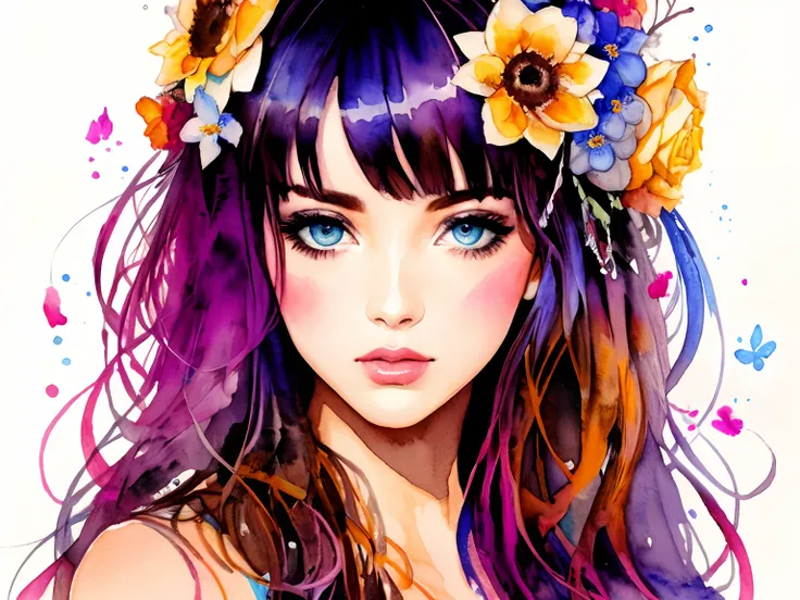 show extremely detailed portrait of full head with flowers in her hair in a rough colored sketch with watercolor, olhos extremamente detalhados, Olhos bonitos, imagem completamente centralizada, white space around the drawing, foco nas linhas do rosto, aqu...