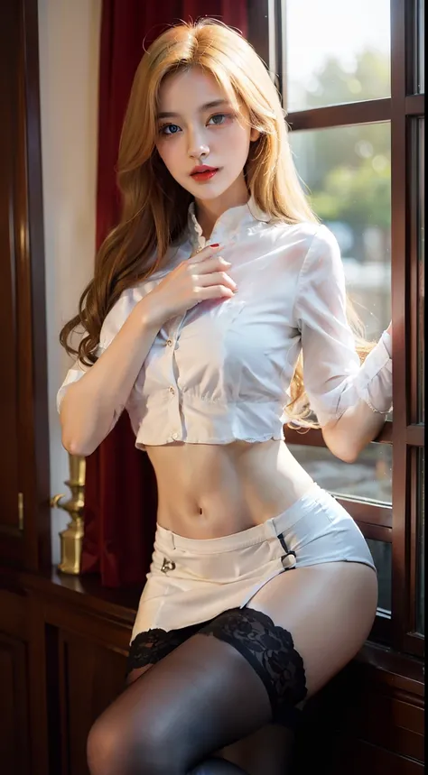 1 European and American vampire beauties:filigree，Royal Sister，Beauty model，White transparent shirt uniform（Short to the waist），revealing her belly，Black hip skirt，Hot and sexy body，Long flowing hair，Wear black stockings，Thin limbs，Snow-white skin，There is...