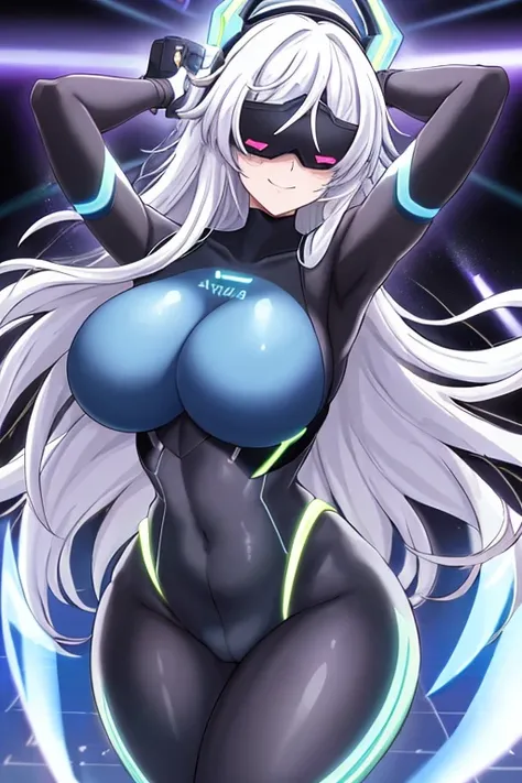 1girl, sway, hip sway, large breasts, swaying hips, thick thighs,wide hips, bouncing breasts, hands behind head, arms behind back, anime style, anime screencap, dancing, dance, mind control, hypnosis, futuristic, tech, science-fiction, vr visors, visors, c...