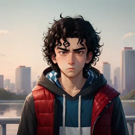 Teenage boy (16) with black curly hair with blue stripes, has freckles, and has a serious/cold expression. Modern anime style