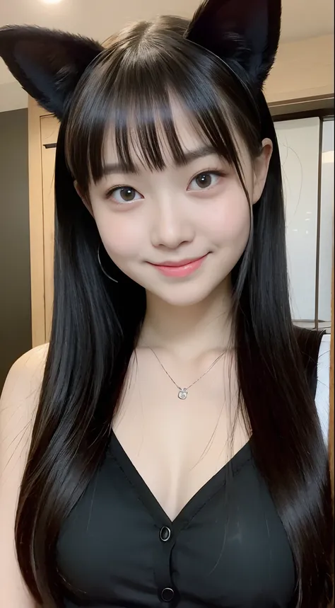 Red Eyes、Black fox ears、Car passenger seat、13years、Semi-long、Chest without bulge、Cute lab coat with frills、Black knee-length skirt、Cat tail、sharp claws、Smiling、Human ears are hidden by hair、独奏、A detailed face、A detailed eye、Slim 13-year-old model、Young Fac...