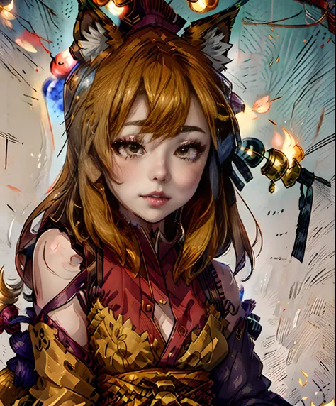 painting of a fox girl with a candy in its mouth and a flowered tail, kitsune three - tailed fox, ethereal fox, kitsune, three - tailed fox, fox nobushi, very very beautiful furry art, a beautiful fox lady, nine tails, whimsical fox, colorful kitsune city,...