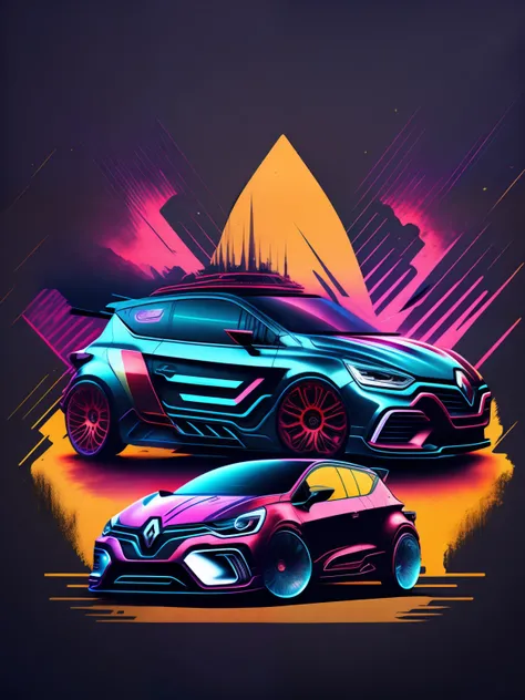 "coche renault clio, Entorno cyberpunk, Stylized T-shirt design, A mitad del viaje, Arte vectorial vibrante, hidro74"