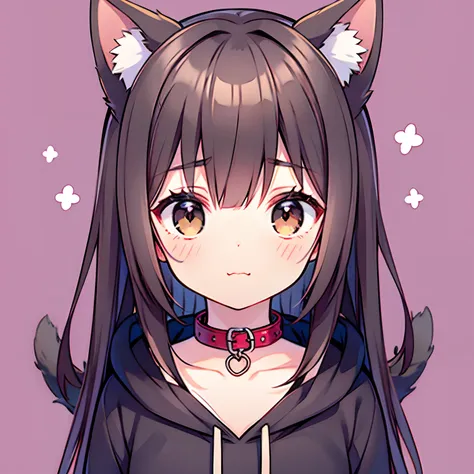 cute anime girl with dark brown hair, brown puppy ears and a puppy tail, dark brown eyes, petite, wearing a hoodie, and a red co...