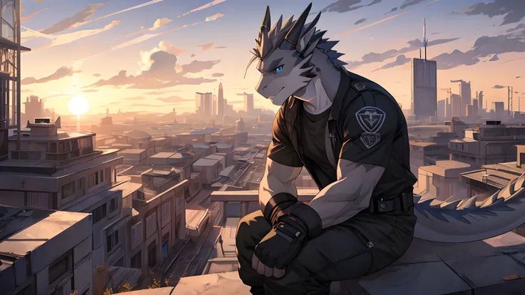 Masterpiece, Solo, Cool Pose, Furry Gray Dragon, Medium Strong Body, Blue Eyes, Grey Medium Hair, Combat Black Shirt, Combat Gloves, Combat Pants, Fierce, Good looking, Sitting. Afternoon, Sunset, Future After War Background.