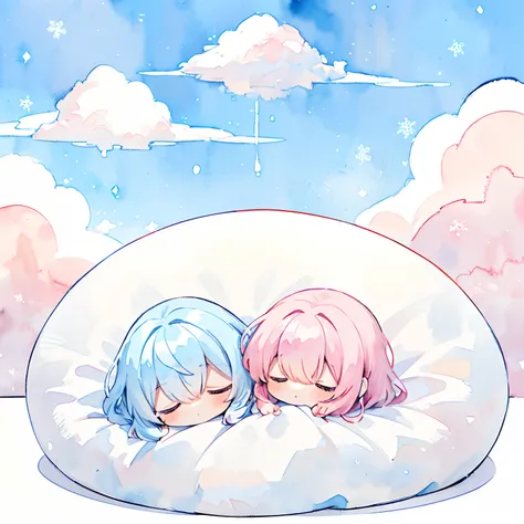 (PastelColors:1.0)、(Cute illustration:1.0)、(watercolor paiting:1.2)、(1 girl:1.0)、hair between eye、 Light blue hair, angelicales, a girl with long hair, Dreamy cloud background, Mini Characters, Sleeping on a futon, Sleeping face down, Colorful clouds, Whit...