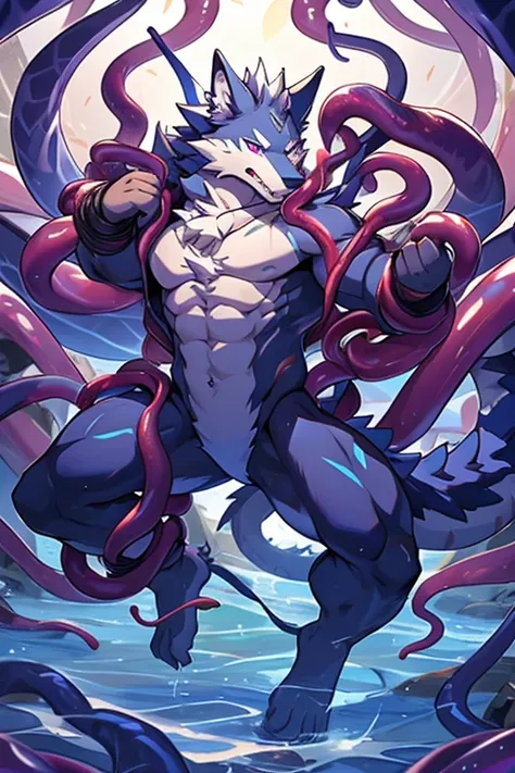 tentacles entangled all over the body、Furry、Tentacle mouth、The tentacles are inserted into the holes of the body、drools、drunk，Be controlled，submit to，The tentacles are swallowed into the body，Purple eye，detailed full body，wrapped in tentacles, Bound and en...