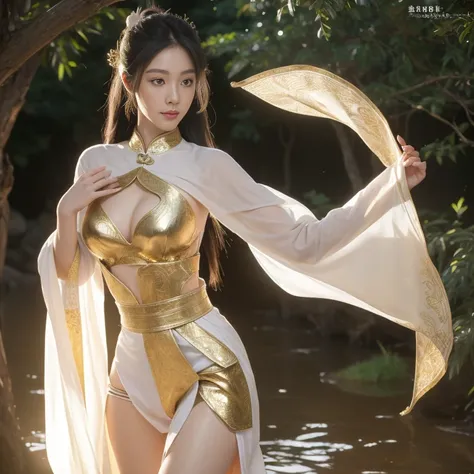 。Fantasy immortal cultivation novel, The girl holding the divine water fish looks exquisite, Expressions contain emotion, Chinese gold elements, colours, Translucent, Immortal clothing, There are stripes on the forehead, white color hair，And there are Chin...