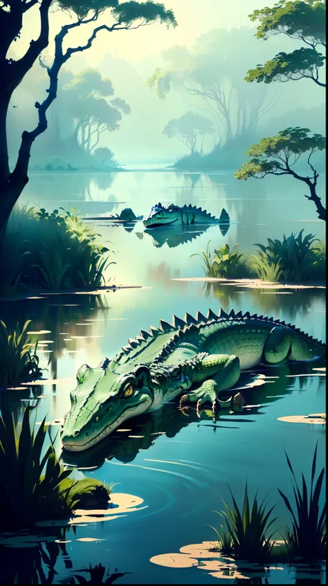 Give me a crocodile with tranquil waters around it and a silent swamp with simple lines and subtle shadows