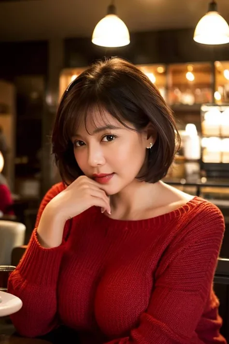 Close-up 50-year-old plump wife with huge breasts is seducing me while looking at me in a café at night wearing a sweater with huge breasts that are about to spill out, red lipstick, short hair