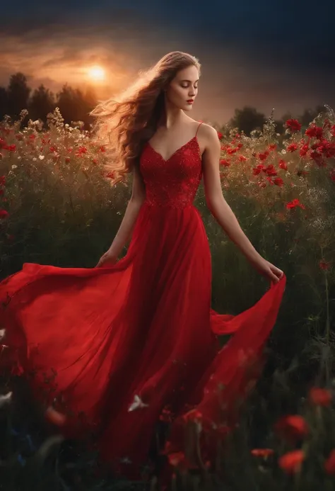 Portrait of a girl in a long red dress dancing in a field of flowers, stars, Butterflies, Grass realism, Beautiful lighting, magic, The fantasy of silver time, photographed, during night .