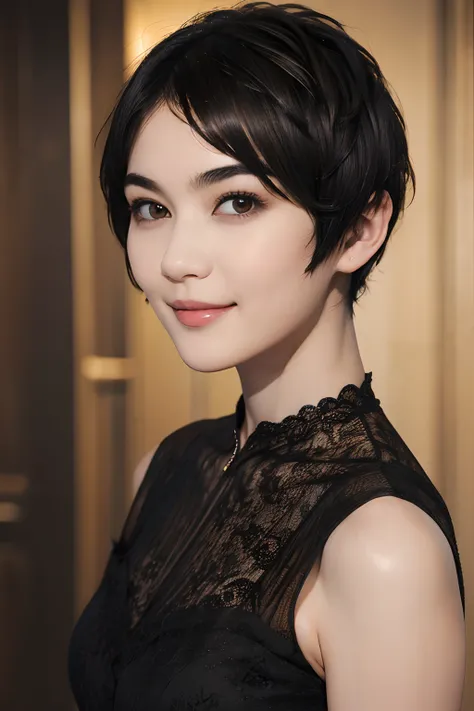 96
(a 20 yo woman,is standing), (A hyper-realistic), (high-level image quality), ((short-hair:1.46)), (Smooth black hair), (Gentle smile), (Keep your mouth shut)