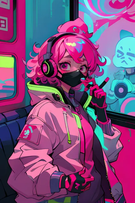 Kpop girl Inside a train, pink gloves, face mask, looking at her phone, cool colorful jacket, listening to her headphone, pink messy curly hair, neon glowing style, cool background, young