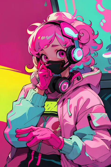 Kpop girl Inside a train, pink gloves, face mask, looking at her phone, cool colorful jacket, listening to her headphone, pink messy curly hair, neon glowing style, cool background, young