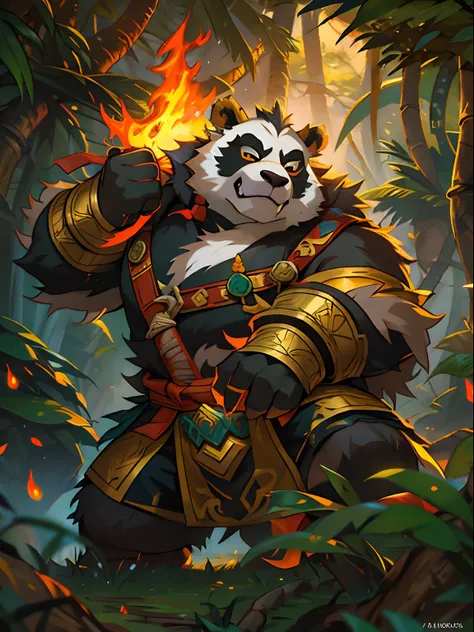 pandaren martial artist，heavy fur，world of warcraft，gaming character，bonfires，the background is deep in the jungle