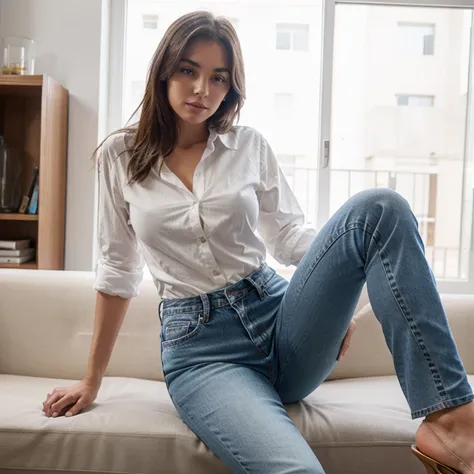 Elenna con jeans y camisa blanca